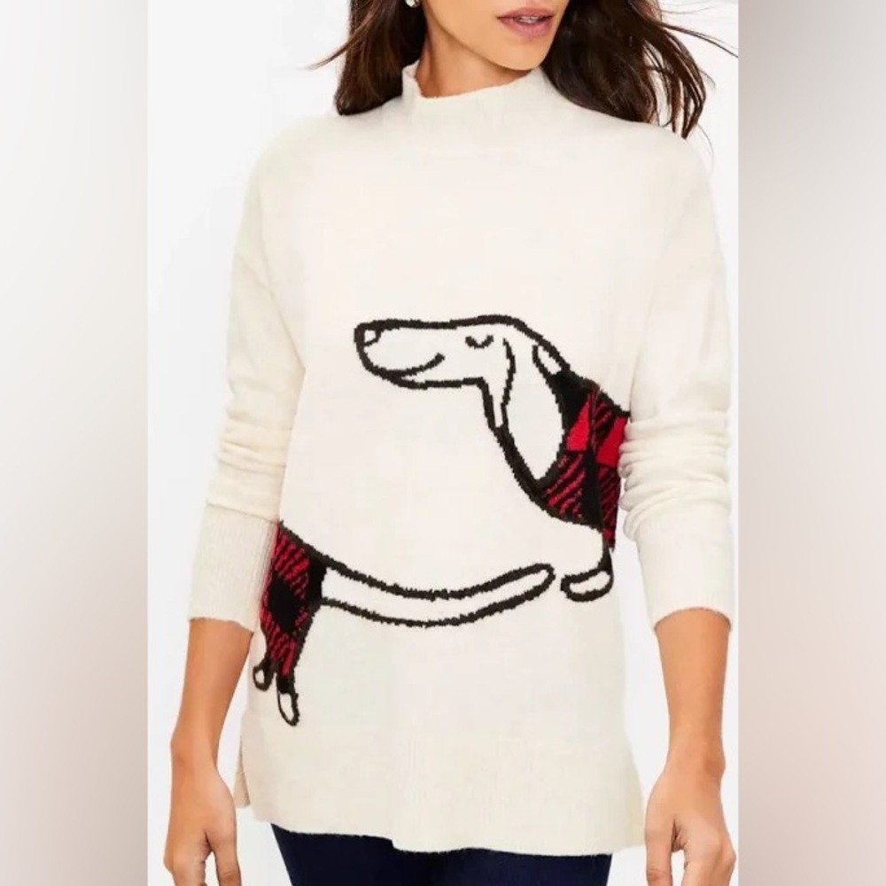 New LOFT Sz L Cream Weiner Dog Wrap Around Dachshund Oversize Knit Sweater